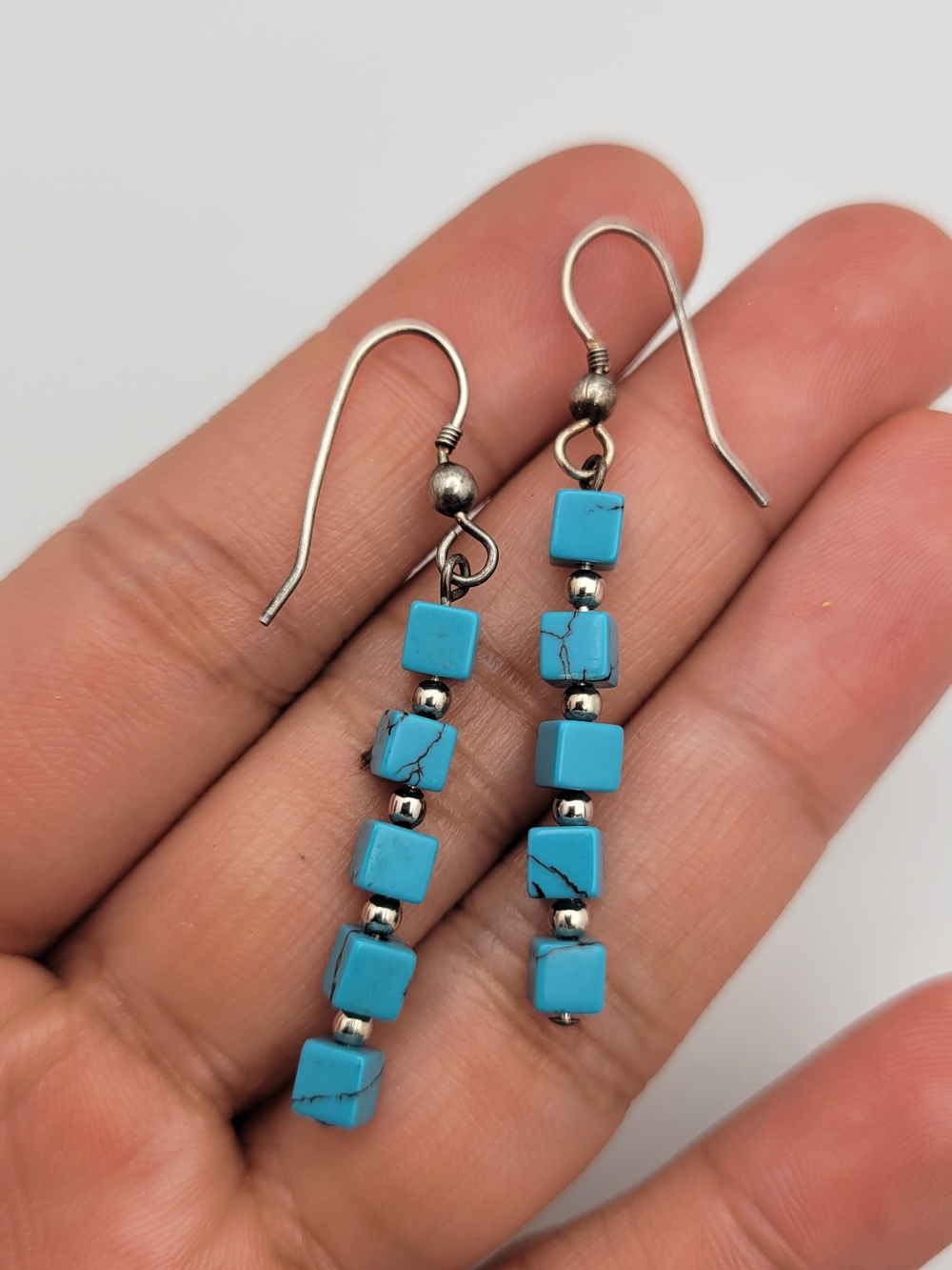Sterling Silver and Faux Turquoise Cube Dangle Earrings